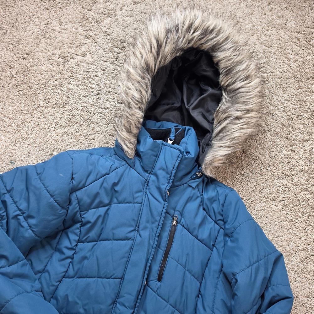 Free Country Puffer Jacket Womens Small Blue Faux Fur Hood Fleece Lined Parka